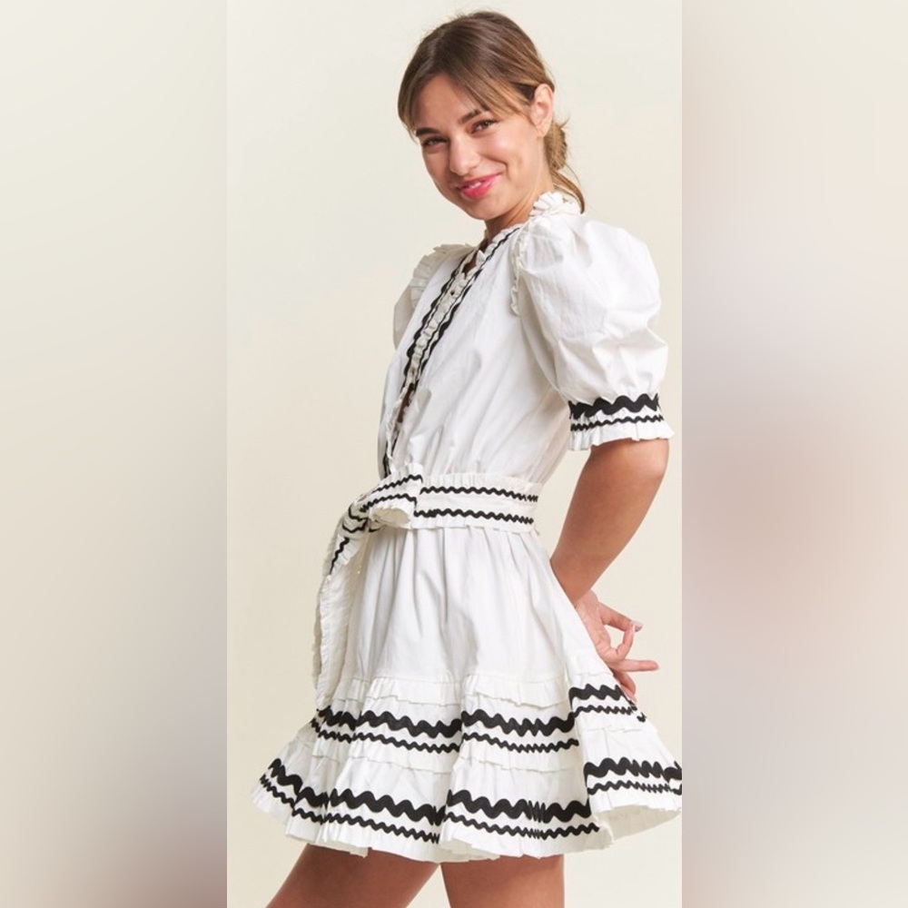 In The Beginning White Black Ric Rac Puff Sleeve Midi Dress NWT S M L